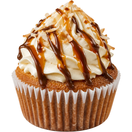 Coconut Caramel Cupcake with Vanilla Buttercream Frosting, Drizzled Chocolate and Drizzled Caramel On Top