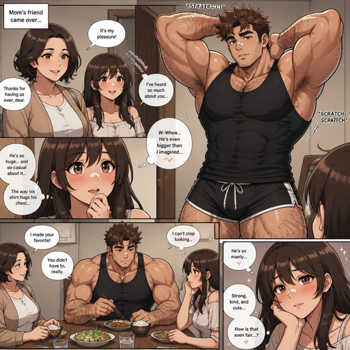 A ANIME LIFELIKE Comic Book Story of a Bulky but Muscular ANIME Cute Bara Man With Peach toned skin Who looks Normal and a huge and Masculine round facial Structure and Basic facial structure With Puffy and Big Pecs that are visible through the shirt and Biceps and Bandaid on his nose and Brown Spiky hair and His Hair Curls At the tip of strands. Wearing a Black Tank top and Short shorts with and has a Hairy body and looks very manly like a Dad but isn‘t one. and Attractive and Hot. His Mom‘s friend comes over and Brings her daughter, And the Mom‘s friend‘s daughter sees him walk out of his room looking big and Bulky with the Perfect Physique and Stretches and scratch his back looking SO irresistible and they eat dinner and she can’t stop looking at her
