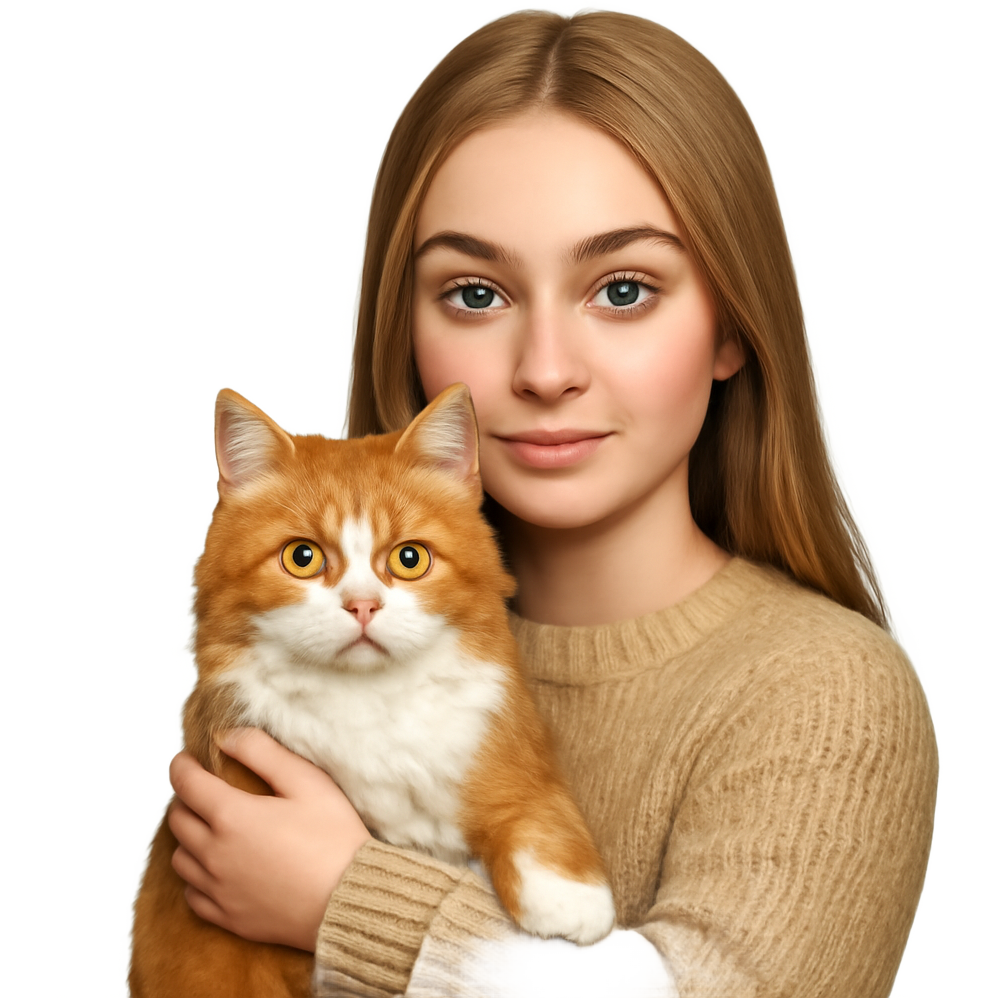 A green eyed slavic Girl with dark blond long hair wearing a cozy sweater holding a gold eyed ginger and white hair Siberian cat in her arms
