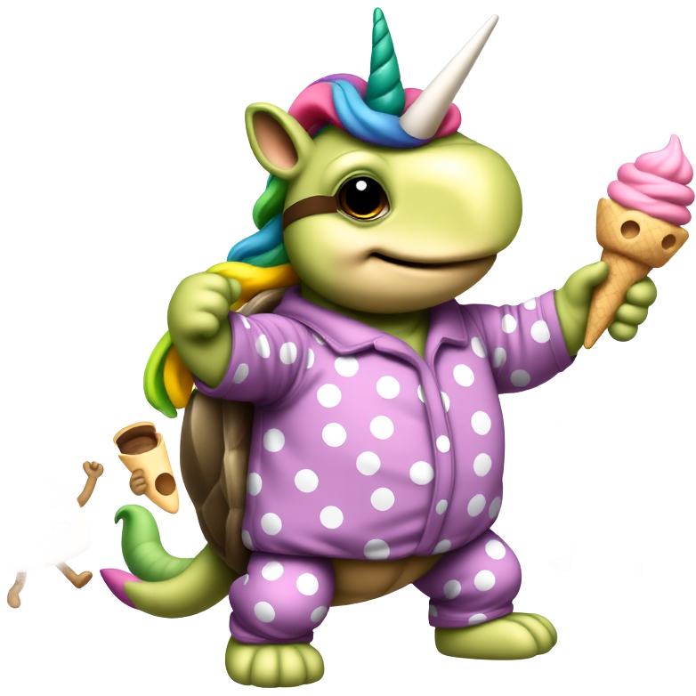 "Whimsical turtle in oversized, polka-dotted pajamas, sporting a rainbow unicorn hat with floppy ears, doing the cha-cha while juggling colorful ice cream cones, surrounded by dancing slice-of-pizza friends wearing sunglasses, all under a sky filled with floating happy clouds and giggling stars."