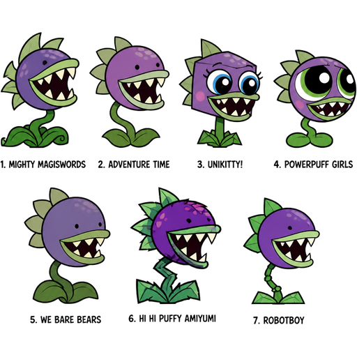 pvz chomper in cartoon network styles 1 mighty magiswords 2 adventure time 3 unikitty! 4 powerpuff girls 5 we bare bears 6 hi hi puffy amiyumi 7 robotboy