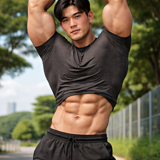 A Real life Full Body Image of a Hunky and Muscular, Hot, Handsome and Masculine and Round faced Korean with Black Parted Side hair and Brown eyes and with Chunky Arms and Pecs and Very Stocky Body with 8 Pack Abs. Wearing A Tight Athletic Shirt that is a little short around the waist. Sunburned under his eyes. Stretching with his arms pointing up