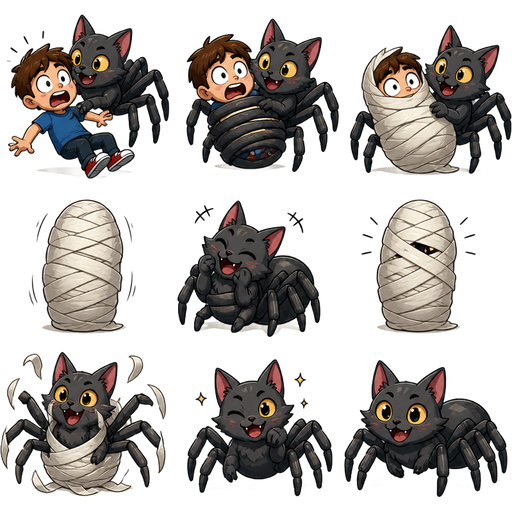 boy turns into cat spider hybrid boy getting grabbed by cat spider hybrid cat spider hybrid wrapping boy up cat spider hybrid giggling playfully at cocoon like mummy cat spider hybrid emerges from its cocoon like mummy cat spider hybrid