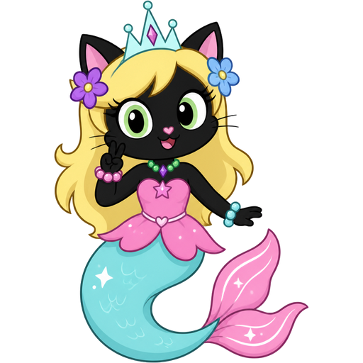 black cat with light yellow hair purple and blue flowers light cyan crown purple and green necklace pink and blue bracelets pink dress attached to long light cyan mermaid tail with pink tail fins with white highlights (star vs the forces of evil)