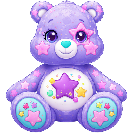 Dazzling Starlight Periwinkle Care Bear with Pink Stars Covering the Arms, Legs, Face, Tail, and Right Ear with a Teal Heart Nose and Teal paws with Pink Stars on the fur of the Bottom of the feet with a Purple Star in the middle and Green and Pink Stars Surrounding it along with Yellow, Green and Pink Bubbles next to it on the Stomach on the Right Eye there is a Big Pink Star Surrounding it and Two Big Pink Stars Covering the cheeks with a small pink star in the pupil of the Left Eye