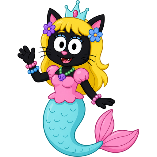 black cat furry with light yellow hair purple and blue flowers light cyan crown purple and green necklace pink and blue bracelets pink dress attached to long light cyan mermaid tail with pink tail fins based on princess mindy spongebob squarepants