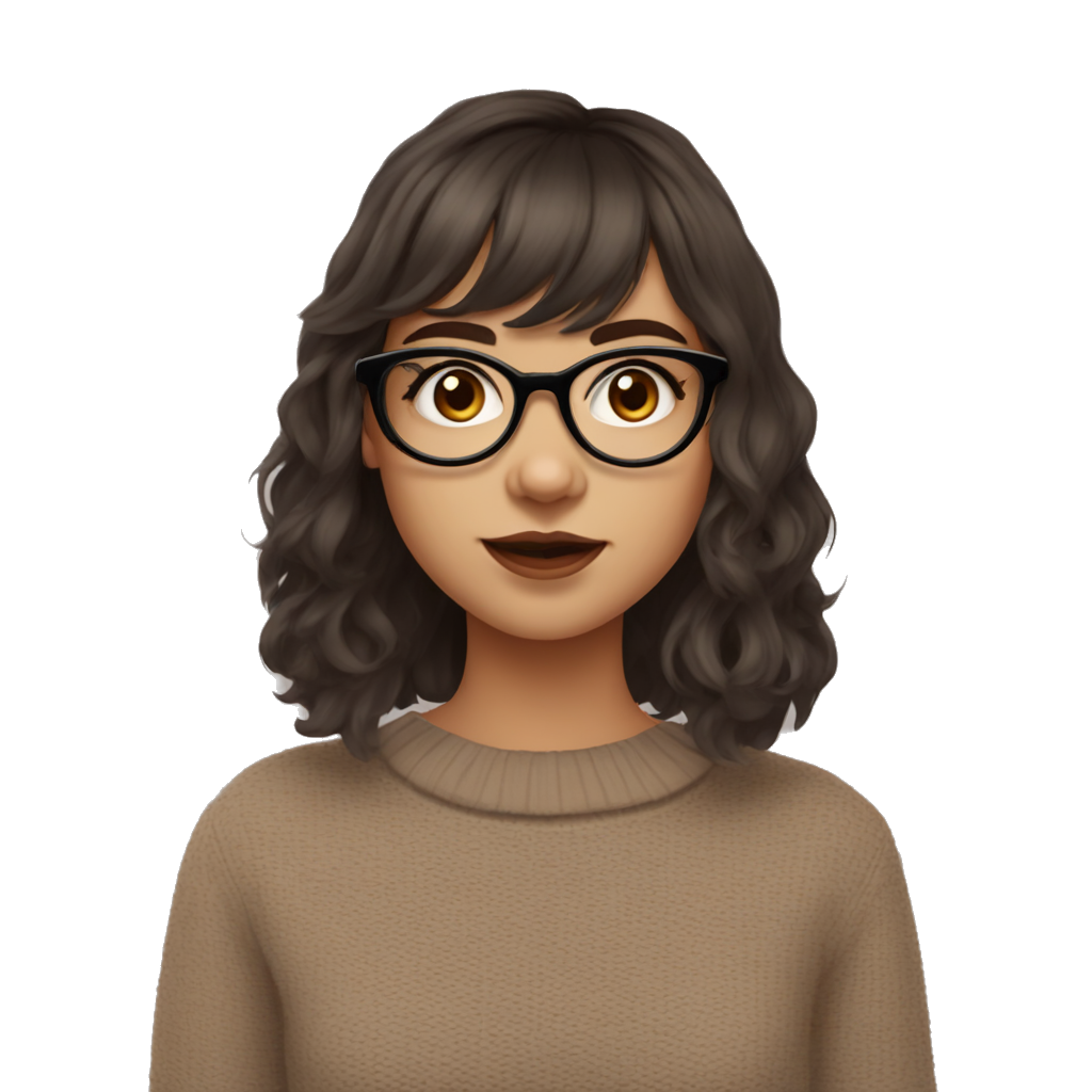 a girl with dark brown hair color and loose wavy layerd hair neck length wolfcut with wispy straight blended bangs with thin round glasses and very light skin color with brown eyes wearing a halloween sweater