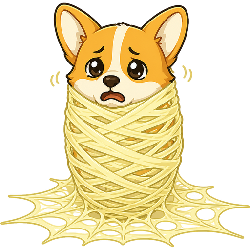 non transparent #FFF4A6 spider cocooned webbed mummified with #FFF4A6 spider slik webbings on the ground with an anthro corgi head whimper