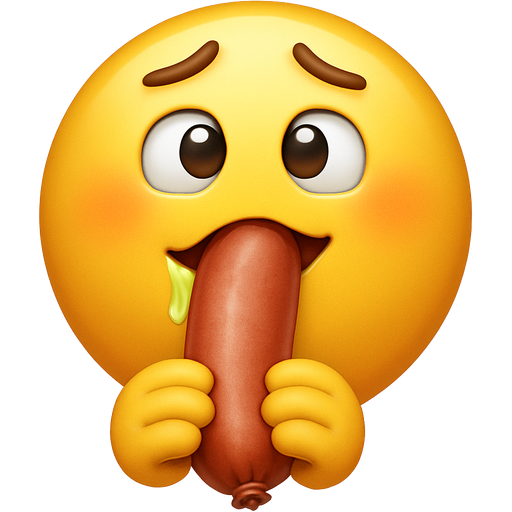 Emoji som håller med båda händerna i en korv som är vertikal, slem längs mungiporna och ser sugen ut