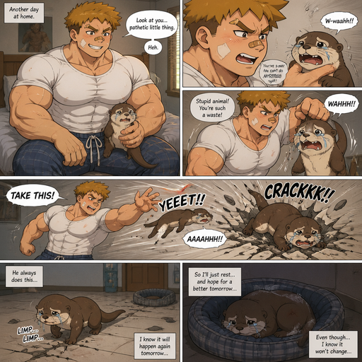 Comic book story about of a Bulky and Beefy and every Muscle is bigger than average and less shredded or muscular with Chunky and Bulky chest and Biceps and his defined abs ANIME Cute Bara Man American 20 year old with a ROUND and BASIC facial structure and Young Adult BARA CUTE that is Peach Toned skin not anything else MALE not to detailed With bigger than average Pecs that are visible through the shirt and Biceps and a big Bandaid on his nose and Left Cheek and Right Eye brow with Scars all over his Chest and arms. Wearing a no piercings Wearing a baggy White Shirt that is tight around the waist with and Pajama pants and drenched in sweat and Short and yellowish Brown Hair and Bright Light Brown fluffy Hair and Strait with brown eyes and black eyebrows with a Three finger Slash on his Eyebrow. With no Facial Hair. Sitting down on his bed with his Pet Otter, at his house and excessively Bullies it. And the otter cries and Lays there, and the otter Flys to the Floor and cracks it. and the otter a limps off to his doggy bed, knowing it will happen tomorrow.