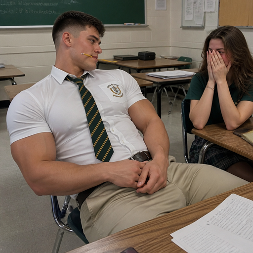 A Real life Full Body Image of a Hugely Muscular American White skinned Teenage Jock with a BASIC and ROUND looking face and Low taper fade with Dark Brown hair and brown eyes and Big Arms and Big Pecs with a Tall Grotesque wrestler’s body. Tight Buttoned up in a School Uniform shirt with a Logo on it. holding a pencil in his Mouth sideways leaning in a chair. And Making a Student Blush and looking at her