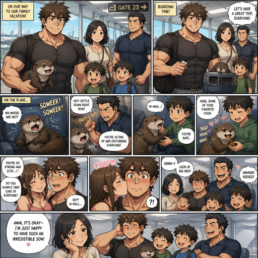 A DETAILED AND LIFELIKE ANIME Comic Book story view of a Bulky but Muscular ANIME Cute Bara Man With Peach toned skin Who looks Normal aind round facial Structure and Basic facial structure With Puffy and Big Pecs that are visible through the shirt and Biceps and Bandaid on his nose and Brown Fluffy and Strait hair. Wearing a normal clothes And with his pet and grown otter and 2 little brothers and the mom and the dad. And they are on there way in the airport to the plane and when there on the plane otter Squirms cause he’s scared and He gets disciplined from the dad and then the otter goes to One of the Brothers and he comforts it. And the otter calms down in the lap of one of the brothers and the big brother feeds him for and the otter is happy. and a girl flirts with the big Brother, and he gets a kiss on the cheek and everyone laughs at him and his mom says it’s ok I happy to have a irresistible son