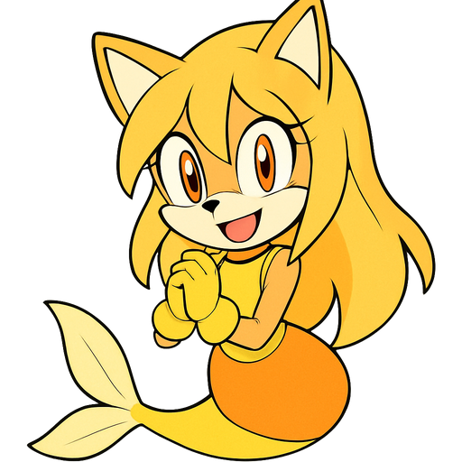 light orange and green vixen smiling with yellow long hair orange eyes yellow gloves yellow dress with orange skirt attached to yellow mermaid tail with light yellow tail fins sonic x version