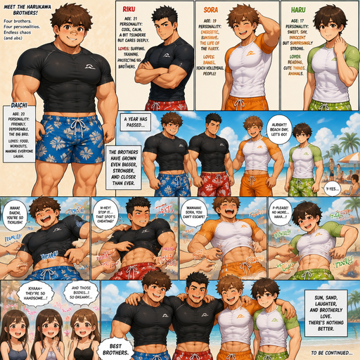 A Full Body Comic Book a story of a Bulky and hunky ANIME Cute Bara Man With Peach toned skin Who looks Normal and round facial Structure and Basic facial structure With Puffy and Big Pecs that are visible through the shirt and Biceps and Bandaid on his nose and Brown and fluffy hair. Wearing swim shorts and Shirts. And the comic introduces each of his 3 Cute brothers and each with different personalities and all Beefy and Hunky. And the boys go to the beach and each one of there Swimshirts are tight around the waist and they grow and worked out since last year so every starts tickling each other in the stomach and sides there smiles are so dreamy they make girls watching blush.