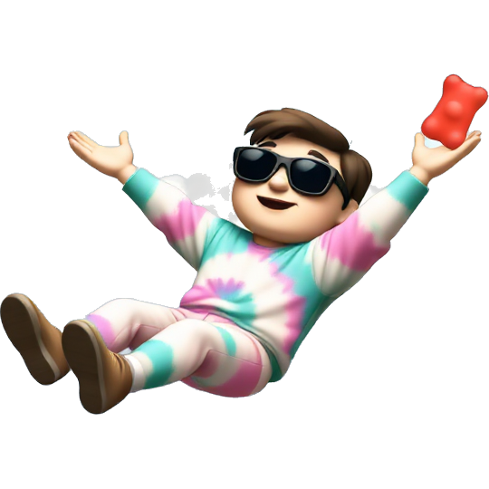 "Floating above a vibrant cityscape, a whimsical character wearing oversized sunglasses and a tie-dye outfit is surrounded by colorful clouds. They’re playfully tossing giant gummy bears into the air, creating a kaleidoscope of swirling hues as they drift lazily, embodying pure joy and a carefree spirit."