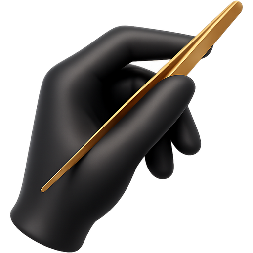 3D iOS-style emoji of black latex gloved hand gently holding golden tweezers, soft lighting, realistic texture, transparent background.