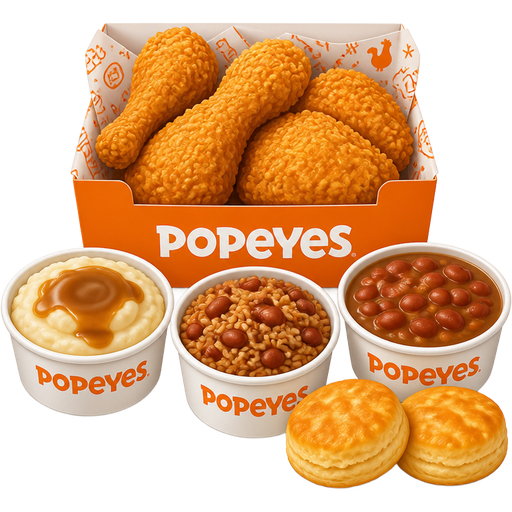 Popeyes order: box of fried chicken legs and thighs with sides of mashed potato, beans and rice, and butter biscuits