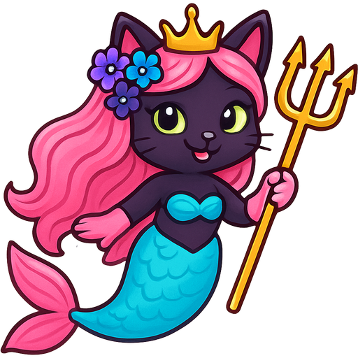 black cat smiling pink long hair golden crown purple and blue flowers green eyes light pink gloves very long cyan mermaid tail with pink fins swimsuit cyan holding a golden trident lunakittyfox style artistic creation, beautiful art