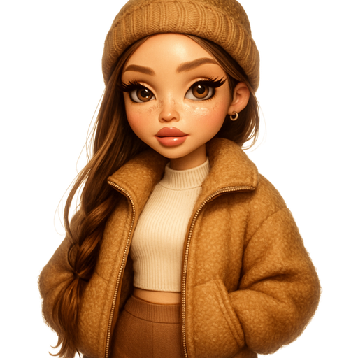 luxury glossy bratz-doll romantic aesthetic, warm cinematic glow, crisp clean detail, glossy glam skin. brown eyed Petite girl, fair skin with soft freckles, long wide face with tall forehead, honey-golden almond wide-set upturned eyes, attached ear lobe, fluttery lashes, shimmer highlight, plush lips, bottom heavy lip, sweet Belle-princess vibe, long straight brunette hair with visible light blonde highlights, softly defined feminine body, soft hourglass shape with full round bust, wearing warm camel oversized teddy-fleece zip jacket with glossy nylon lining, fitted cream ribbed mock-neck cropped top underneath, high-waisted cinnamon-taupe thermal leggings, soft-suede shearling-lined ankle boots, chunky ivory knit socks peeking over top, tiny gold hoop earrings, tan cable-knit beanie with subtle sheen, hair in low loose braid draped over one shoulder, glossy neutral-rose lips and champagne highlight. Cozy romantic glow, soft warm lighting, pop-princess energy