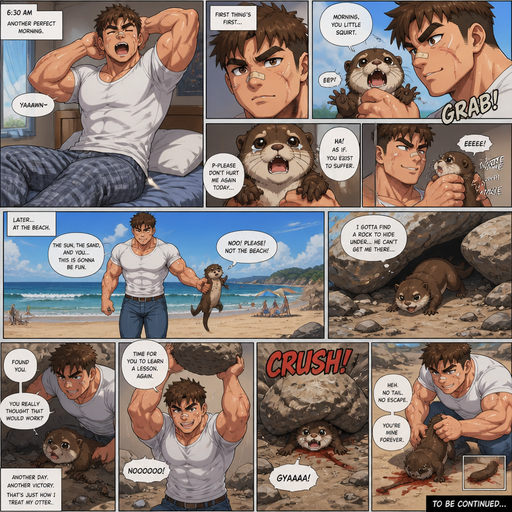 A COMIC BOOK STORY very lifelike and Detailed Full page Anime Comic book story about of a Bulky ANIME Cute Bara Man American 20 year old with a ROUND and BASIC facial structure and Young Adult BARA CUTE that is Peach Toned skin not anything else MALE not to detailed With bigger than average Pecs that are visible through the shirt and Biceps and a big Bandaid on his nose and Left Cheek and Right Eye brow with Scars all over his Chest and arms. Wearing a white shirt that is tight around the waist and Jeans drenched in sweat and Short and Brown strait Fluffy Hair and Strait with brown eyes and black eyebrows with a Three finger Slash on his Eyebrow. With no Facial Hair. Waking up in the morning in pajamas and his pet baby Unathletic otter but Excessively bully’s it by holding his collar around his neck. And then they go to the beach and the otter has the goes and try’s to find as rock to hide under and he finds the otter and then looses his tail from a boulder Excessively bully’s him more.