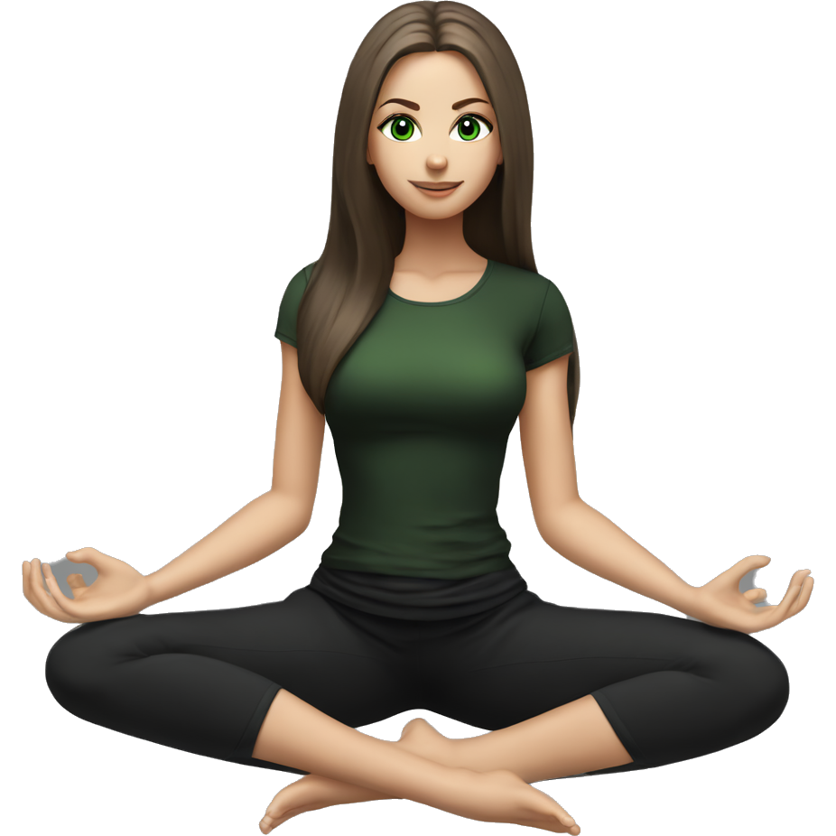 Beautiful white girl with perfect dark brown long straight amazing hair and green eyes sitting in yoga pose with black outfit (short sleeve top)