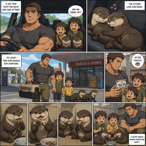 A DETAILED AND LIFELIKE ANIME Comic Book story view of a Bulky but Muscular ANIME Cute Bara Man With Peach toned skin Who looks Normal aind round facial Structure and Basic facial structure With Puffy and Big Pecs that are visible through the shirt and Biceps and Bandaid on his nose and Brown short hair that makes them look tough. Wearing normal With his pet Grown and healthy realistic otter and 2 little brothers that are in different ages but young. And they Go on a Trip in the car, and the 2 otters cuddle on one seat and it looks cute. And they take the otters in a gas station to get snacks. And the otters eat with there two front paws and it looks cute
