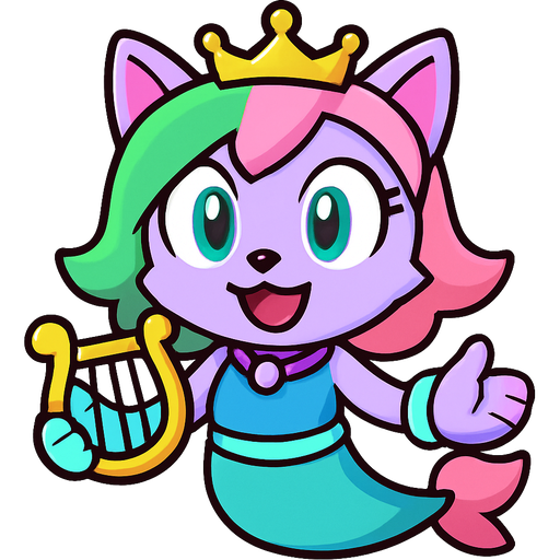sonic x style version light purple cute cartoon character anthro cat smiling with pink and green and yellow hair blue green eyes golden crown with light purple necklace light cyan braclets cyan and blue dress with pink skirt attached to cyan mermaid tail with pink tail fins pink and cyan gloves holding a golden harp based on amy rose from sonic x style version cartoon style emoji, fun expressive character