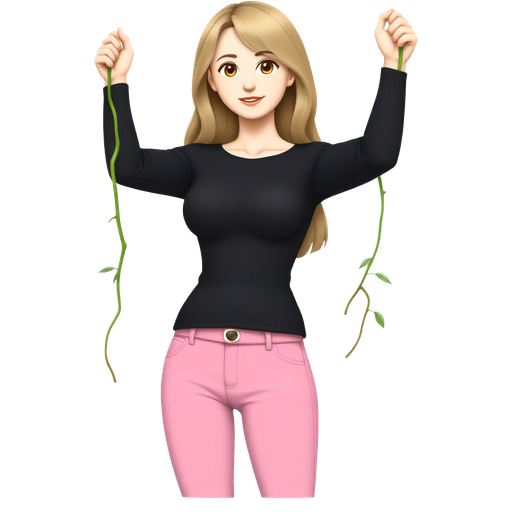 Sticker of a female character matching the pose and camera angle of the reference photo, holding two vine strands up, black ribbed semi‑sheer top, pink pants, simplified green gazebo elements, clean vector, bold outline, flat colors, soft ambient shadow, Telegram sticker style, 1:1, transparent background.”