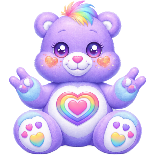 ILY Care Bear with Purple/Light Blue Fur with a Light Pink Heart Nose with White Sparkly Orange and Purple Ombré Heart Cheeks with Sparkling Hearts on the Pupils on the eyes with a pink heart surrounded by a Rainbow Heart on the stomach with White Paws and Feet with Multicolor Tufts of hair