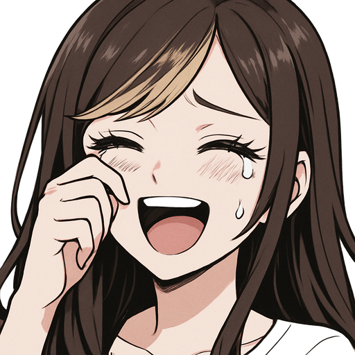 Really pretty girl with long eyelashes long dark brown hair with dark blonde side swept bangs, laughing really hard and wiping a tear from her eyes