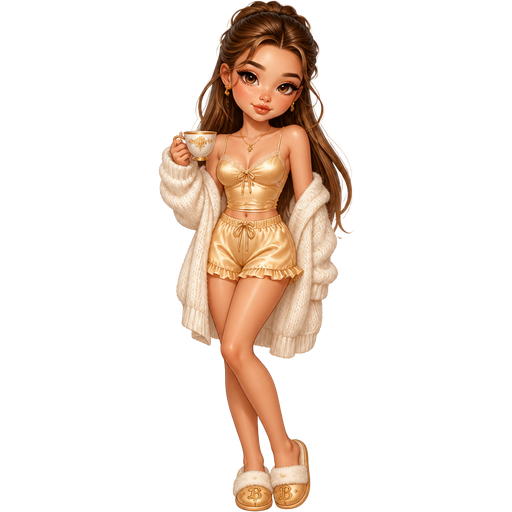 semi-realistic soft cartoon luxury glam, mini plush Bratz-doll aesthetic, cinematic glow, crisp clean detail, glossy glam skin. brown eyed Petite 5ft girl, fair skin with soft freckles, wide face with tall forehead, honey-brown almond wide-set upturned eyes, fluttery lashes, shimmer highlight, plush lips, bottom heavy lip, sweet Belle-princess vibe, long straight brunette hair with visible caramel highlights, wearing a buttery golden satin pajama set with a fitted camisole and ruffled shorts, a cozy cream knit cardigan, gold slippers, hair in a romantic half-up style with soft curls, makeup with bronzed champagne lids, warm blush, and a glossy honey-nude lip, posing with warm storybook energy and a soft sophisticated smile