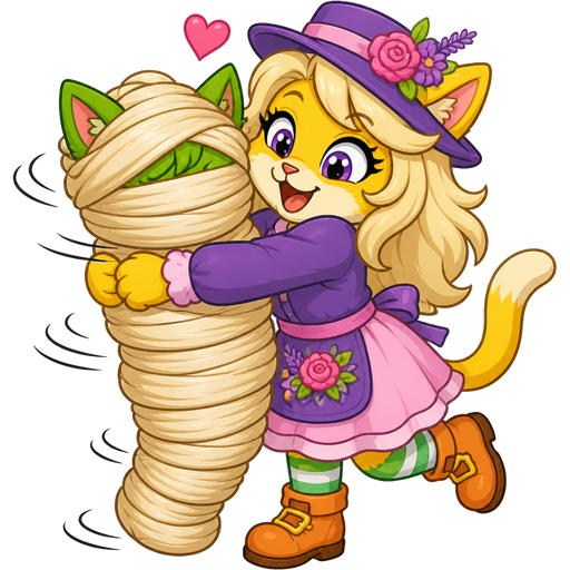 green boy cat furry getting quickly wrapped up mummified by furry yellow cat anthro with purple eyes light blonde hair purple and pink florist hat and purple florist outfit green and white socks orange boots with buckles light pink skirt with its own light blonde hair 2 light blonde hair mummy shaped like green boy cat furry completely covered with light blonde hair mummy then furry yellow cat anthro with purple eyes light blonde hair purple and pink florist hat and purple florist outfit green and white socks orange boots with buckles light pink skirt hugs the light blonde hair mummy cartoon version