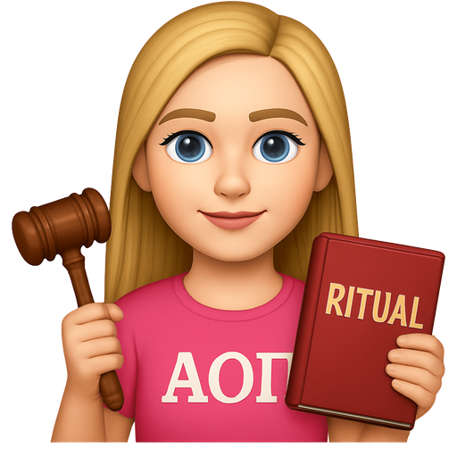 Pink Alpha Omicron Pi sorority chapter President with long blonde hair , blue eyes, and a pink shirt and holding a brown gavel and red book that says ritual