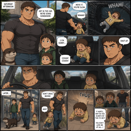 A DETAILED AND LIFELIKE ANIME Comic Book story view of a Bulky but Muscular ANIME Cute Bara Man With Peach toned skin Who looks Normal aind round facial Structure and Basic facial structure With Puffy and Big Pecs that are visible through the shirt and Biceps and Bandaid on his nose and Brown short hair that makes them look tough. Wearing normal With his pet Grown and healthy realistic otter and 2 little brothers that are in different ages but young. He doesn’t love his baby brother strongly and so he picks the little baby brother up by the arm and the baby brother fly’s into to the car and reaches the other car door and crys but is to weak and the baby brother sits there coughing. And The baby brother tries to say he‘s sorry but is silenced. And when they drive to the destination. They go inside and the baby brother flies at the floor from his grasp. And cries while his other brothers are too scared to help him out. And the baby brother complains how this always happens to him and how he never loved him.