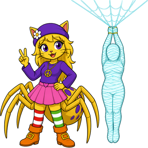 Yellow cat anthro with purple eyes blonde hair purple hat with white flower peace sign necklace purple long sleeved shirt pink skirt long red white green socks orange boots with yellow buckles drider hybrid next to #B8FFFF mummified completely covered human shaped cocoon completely covered hanging on the ceiling by wrists tied up with #B8FFFF spider webs