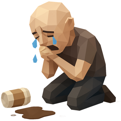 A bald guy kneeling on the ground, crying. There is a spilled cup of take-away coffee and a puddle of coffee on the ground in-front of him