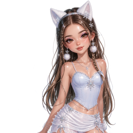 semi-realistic soft cartoon luxury glam, mini plush Bratz-doll aesthetic, cinematic glow, crisp clean detail, glossy glam skin. brown eyed Petite 5ft girl, fair skin with soft freckles, wide face with tall forehead, honey-brown almond wide-set upturned eyes, fluttery lashes, shimmer highlight, plush lips, bottom heavy lip, sweet Belle-princess vibe, long straight brunette hair with visible caramel highlights, wearing a frosty pale-blue corset cami with crystal edging, a matching icy-white mini skirt with soft shimmer ruching, silver jewelry, fluffy icy fox ears, multiple frosted tails, delicate snowflake accents, hair in long glossy waves with a white headband and tiny front braids, makeup with icy lilac shimmer, cool pink blush, glassy highlight, and a glossy pink-nude lip, posing with dreamy icy-princess energy and a gentle smile