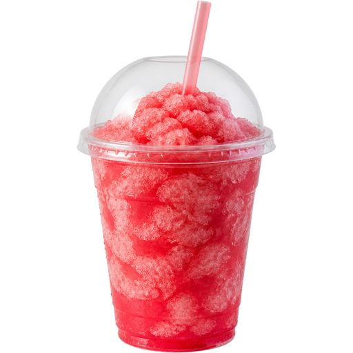 Guava Shaved Ice Slushie in a Plastic Cup and Plastic Dome Lid with a Straw Mixed in with Extra Syrup