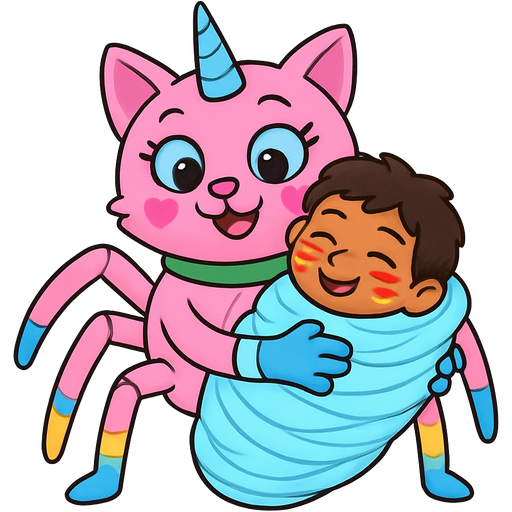 giant pink cat spider hybrid with blue unicorn horn green collar blue eyes with eyelashes heart shaped cheeks white wrists blue hands blue pink spider legs with half white and yellow socks and blue socks cartoon character happy cuddling #B8FFFF cocoon slikworm cocooned pod jungle native boy with red and yellow face paints happy covered with #B8FFFF huge coating of #B8FFFF spider slik and huge #B8FFFF spider slik wrappings and huge #B8FFFF spider slik webbing wrappings #B8FFFF artistic creation, beautiful art