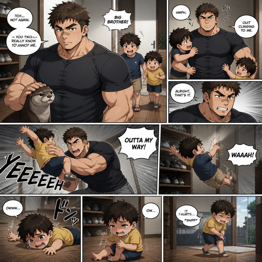A DETAILED AND LIFELIKE ANIME Comic Book story view of a Bulky but Muscular ANIME Cute Bara Man With Peach toned skin Who looks Normal aind round facial Structure and Basic facial structure With Puffy and Big Pecs that are visible through the shirt and Biceps and Bandaid on his nose and Brown short hair that makes them look tough. Wearing normal With his pet Grown and healthy realistic otter and 2 little brothers that are in different ages but young. And he doesn‘t like them and big brother picks the little brother up and The little brother fly’s to the floor and limps away