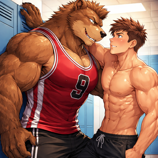A Full BODY and FACE of a Muscular and Buff and a Gigantically Muscular with Chunky Gigantic Pecs AND biceps and a BIGGER head with the Perfect Waist. VERY Masculine and handsome ANIME Bara Furry Grizzly Bear with a VERY Good-looking and Mature Face and brown eyes with a wrestler type body. Wearing a Short Basketball Jersey. with his buff Hunky human Crush. Pinning him to the lockers. Looking at him