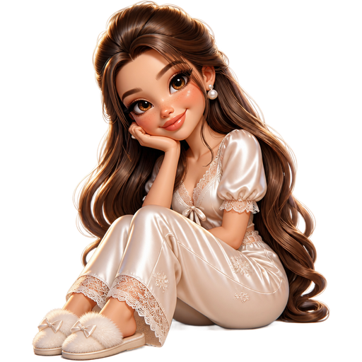 semi-realistic soft cartoon luxury glam, mini plush Bratz-doll aesthetic, cinematic glow, crisp clean detail, glossy glam skin. brown eyed Petite 5ft girl, fair skin with soft freckles, wide face with tall forehead, honey-brown almond wide-set upturned eyes, fluttery lashes, shimmer highlight, plush lips, bottom heavy lip, sweet Belle-princess vibe, long straight brunette hair with visible caramel highlights, wearing an ivory satin sleep set with delicate floral lace and puffed sleeve detail, pearl earrings, fluffy slippers, hair in long glossy fairytale curls, makeup with champagne shimmer lids, rosy blush, and a glossy peach-pink lip, posing with whimsical princess cozy energy and a bright dreamy smile