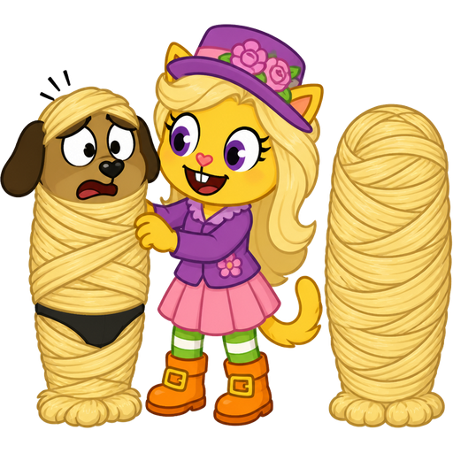 1 anthro dog with black underwear getting wrapped up by furry yellow cat anthro with purple eyes blonde hair purple and pink florist hat and purple florist outfit green and white socks orange boots with buckles pink skirt with blonde hair 2 blonde hair cocoon shaped like boy completely covered with blonde hair cocoon like mummy next to furry yellow cat anthro with purple eyes blonde hair purple and pink florist hat and purple florist outfit green and white socks orange boots with buckles pink skirt happy tree friends version