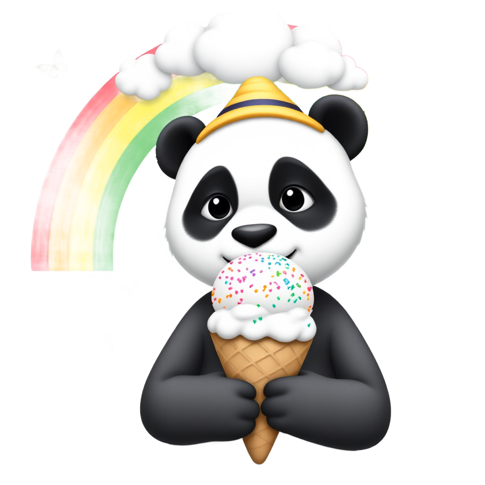 "Under a whimsical rainbow, a panda wearing a tiny sunhat and vibrant polka-dotted bowtie savors a multi-flavored ice cream cone topped with sparkling edible glitter, surrounded by frolicking butterflies and playful clouds that rain colorful sprinkles."