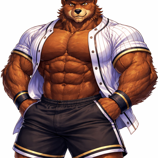 A Full BODY and FACE of a Muscular and Buff and a Gigantically Muscular with Chunky Gigantic Pecs AND biceps and a BIGGER head with the Perfect Waist. VERY Masculine and handsome Anime Bara Furry Grizzly Bear with a Very Good-looking and Mature Face and brown eyes with a wrestler type body. Wearing a Baggy Buttoned up Baseball Jersey and Shorts with a hat.