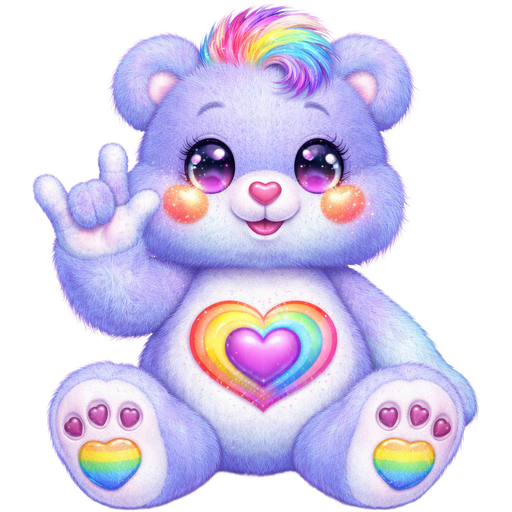 ILY Care Bear with Purple/Light Blue Fur with a Light Pink Heart Nose with White Sparkly Orange and Purple Ombré Heart Cheeks with Sparkling Hearts on the Pupils on the eyes with a pink heart surrounded by a Rainbow Heart on the stomach with White Paws and Feet with Multicolor Tufts of hair