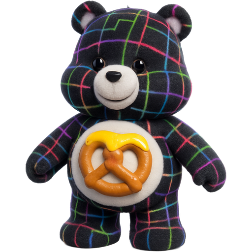 A cute Carebear that has black and rainbow retro arcade floor patterned fur that has a soft pretzel with nacho cheese on it as a belly badge