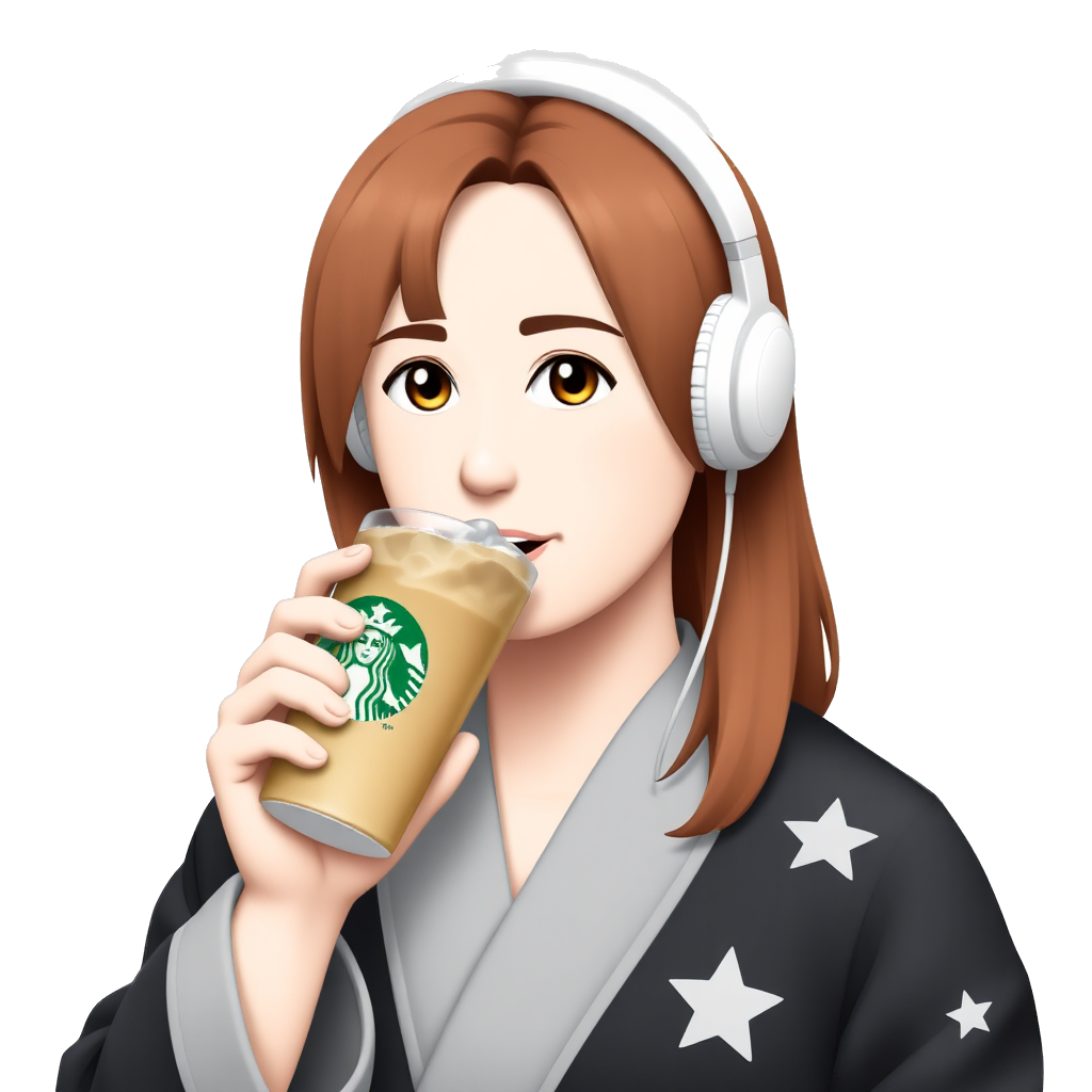 chestnut-colored hair, sipping an iced coffee in a Starbucks cup, wearing white headphones, and dressed in a black robe with white stars
