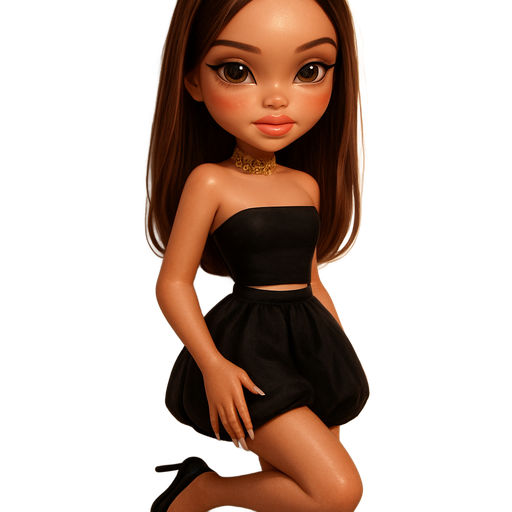 sleek cartoon luxury glam, mini plush Bratz-doll aesthetic, cinematic glow, crisp clean detail, glossy glam skin. brown eyed skinny Petite girl, fair skin with soft freckles, wide face with tall forehead, honey-brown almond wide-set upturned eyes, fluttery lashes, shimmer highlight, plush lips, bottom heavy lip, sweet Belle-princess vibe, medium-long brunette hair with visible caramel highlights, hair sleek and softly straight side part falling over face. softly defined feminine body, soft hourglass shape with full round bust, cropped black tube top ending slightly below waist, black puffy bubble mini skirt, black pointy stilettos. peachy-pink blush with shimmer highlight, glossy nude-rose lips, sleek french almond nails, gold jewel pattern choker. leaning on wall, knee bent pose. full body showing. Cozy romantic glow, soft warm lighting, pop-princess energy