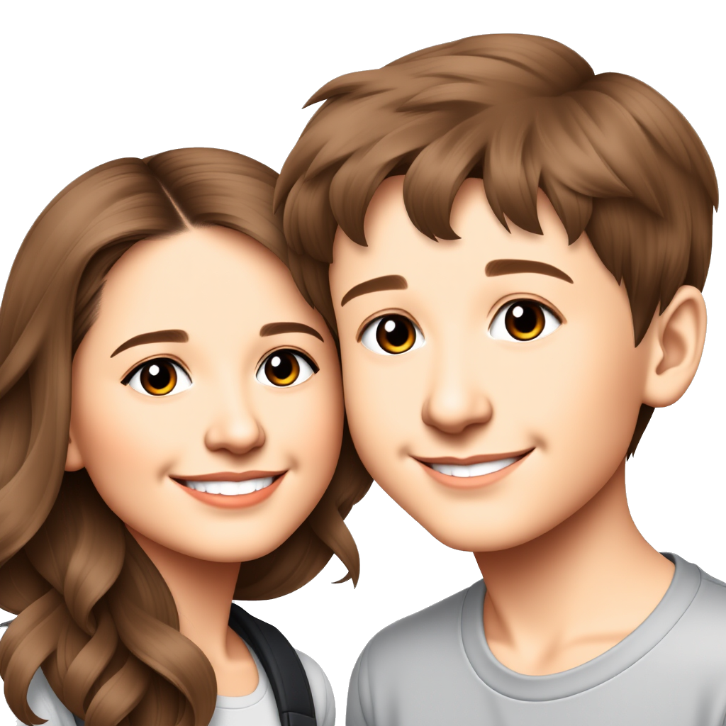 A light tan girl with brown wavy hair, smiling next to a light tan boy with brown short hair. Both brown eyes. Smiling.